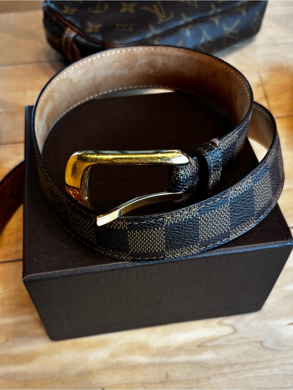 LV Damier Ebene belt with gold buckle